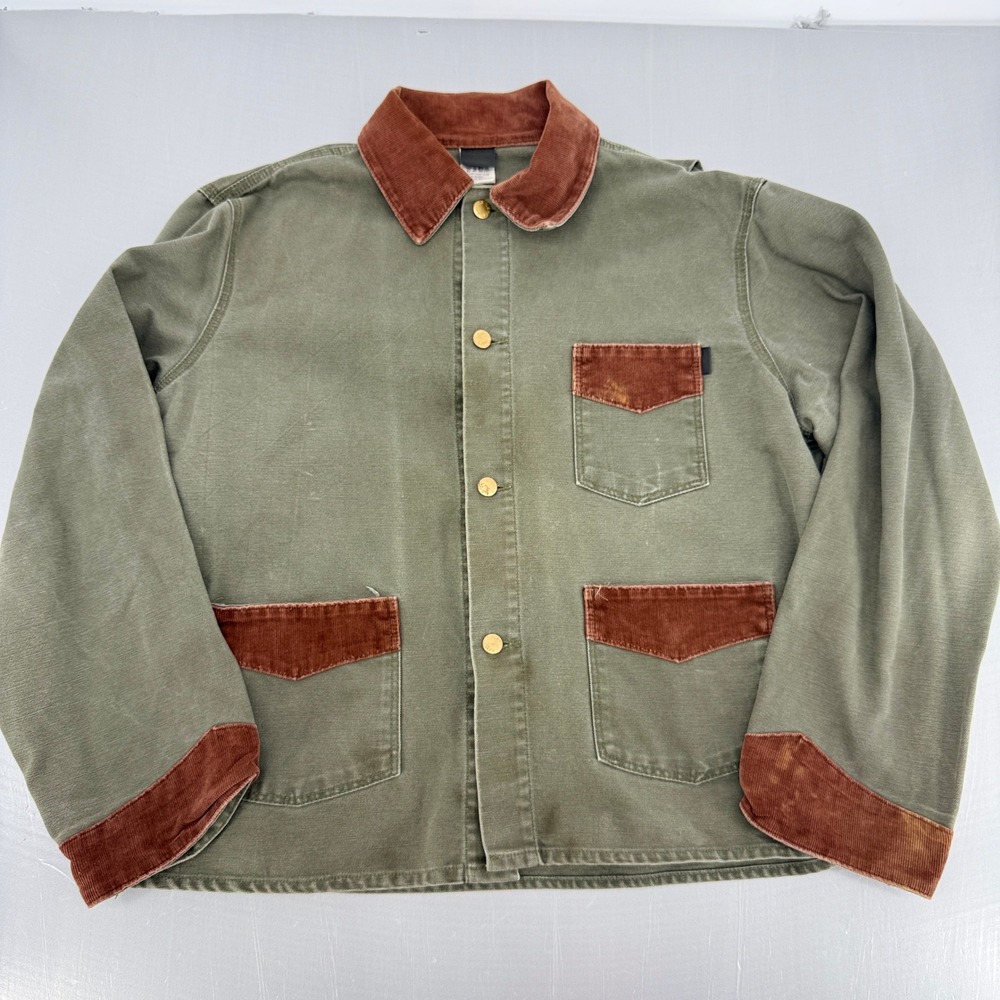 VTG LAPCO Mens Canvas Chore Jacket Olive Green Corduroy Trim Work Coat USA L